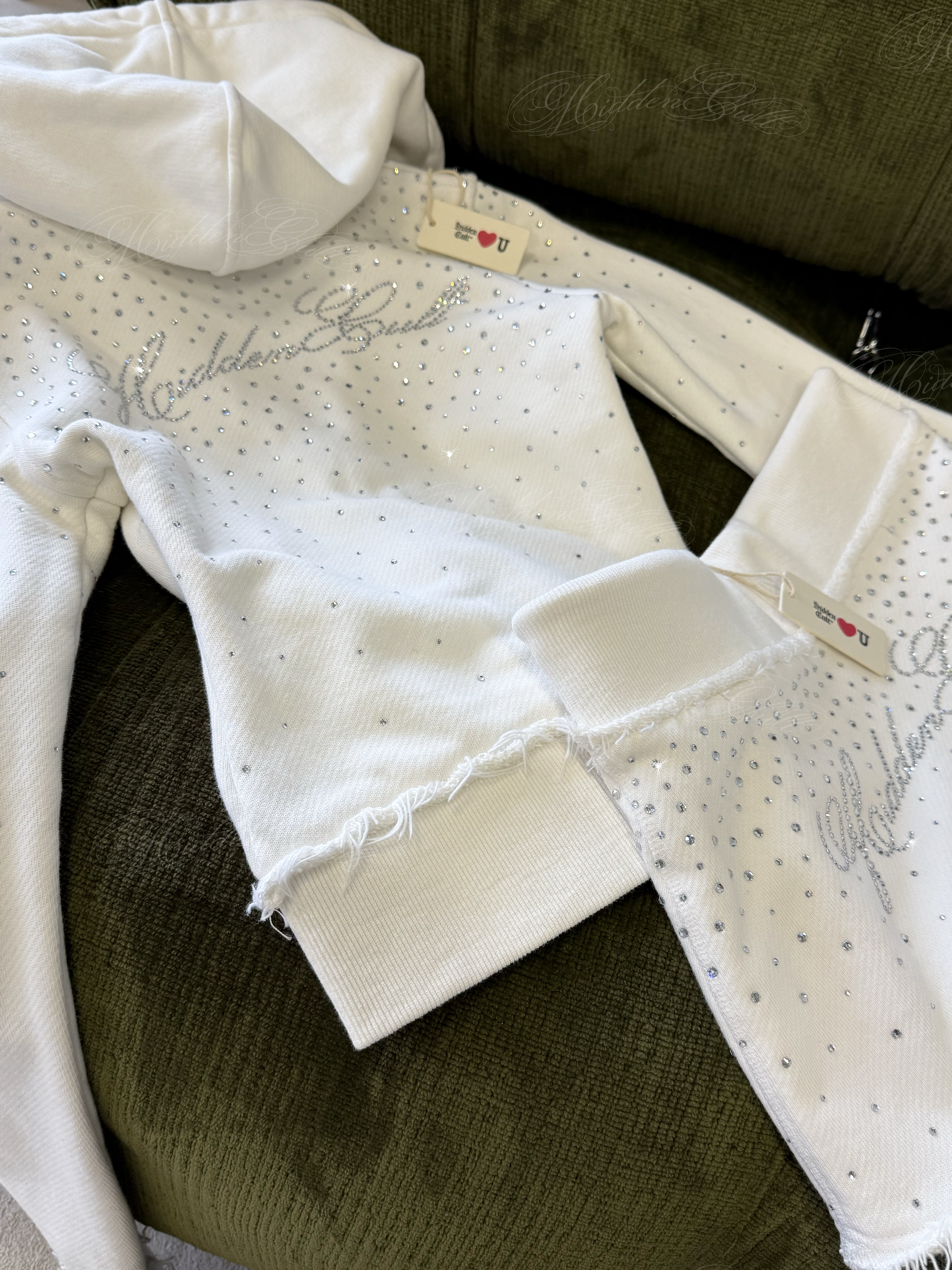 Rhinestone White Fitted Zip Hoodie