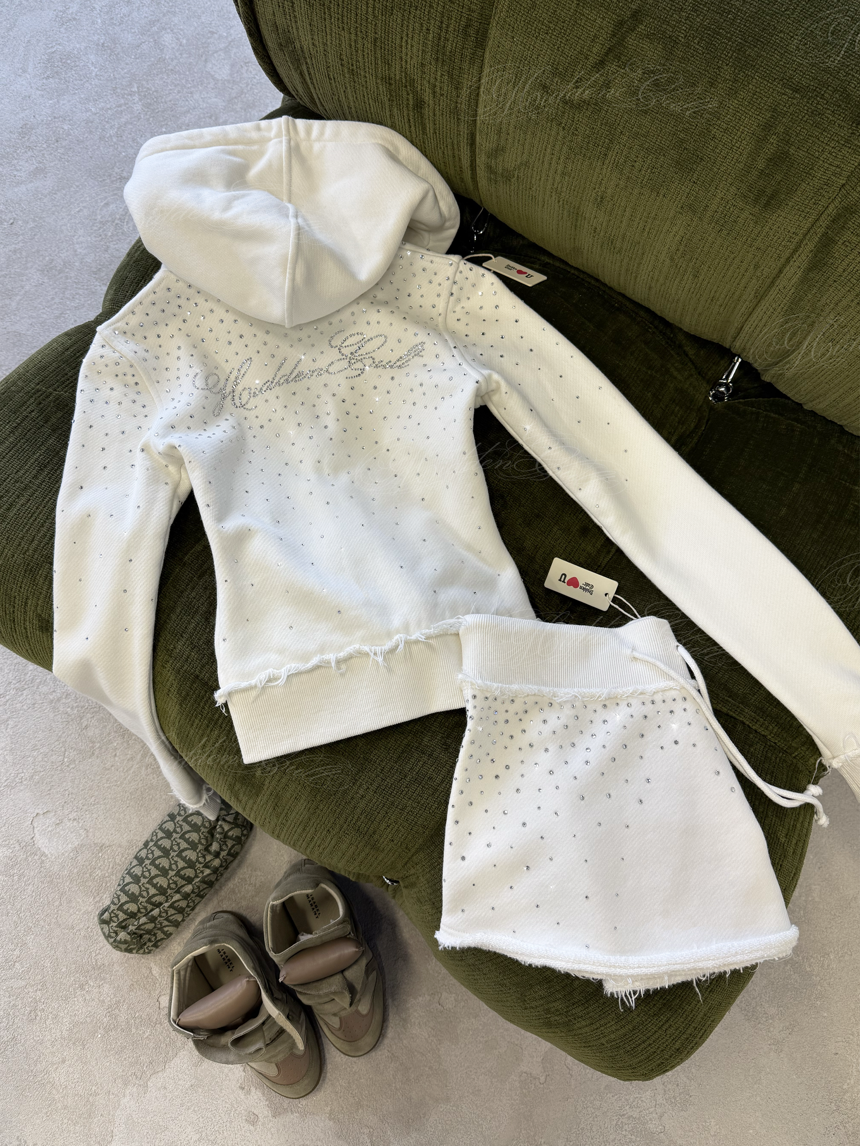 Rhinestone White Fitted Zip Hoodie