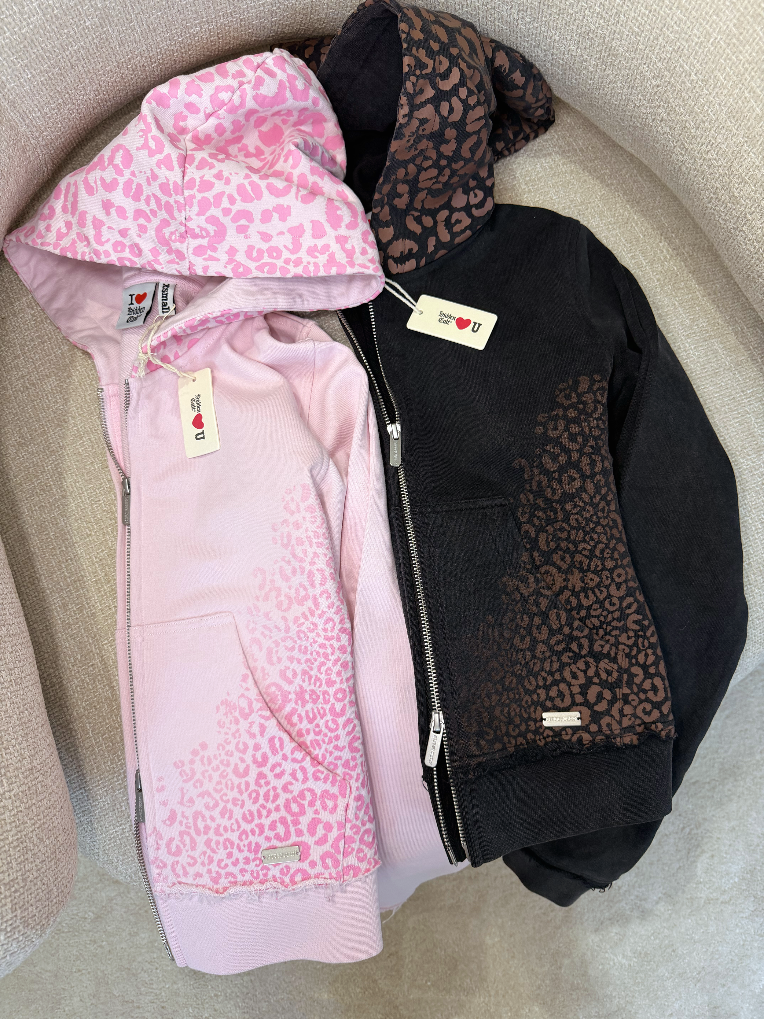HIDDEN CULT Pink Cheetah Zip Hoodie Worn Distressed Womens Slim fit Form fitted Leopard TikTok