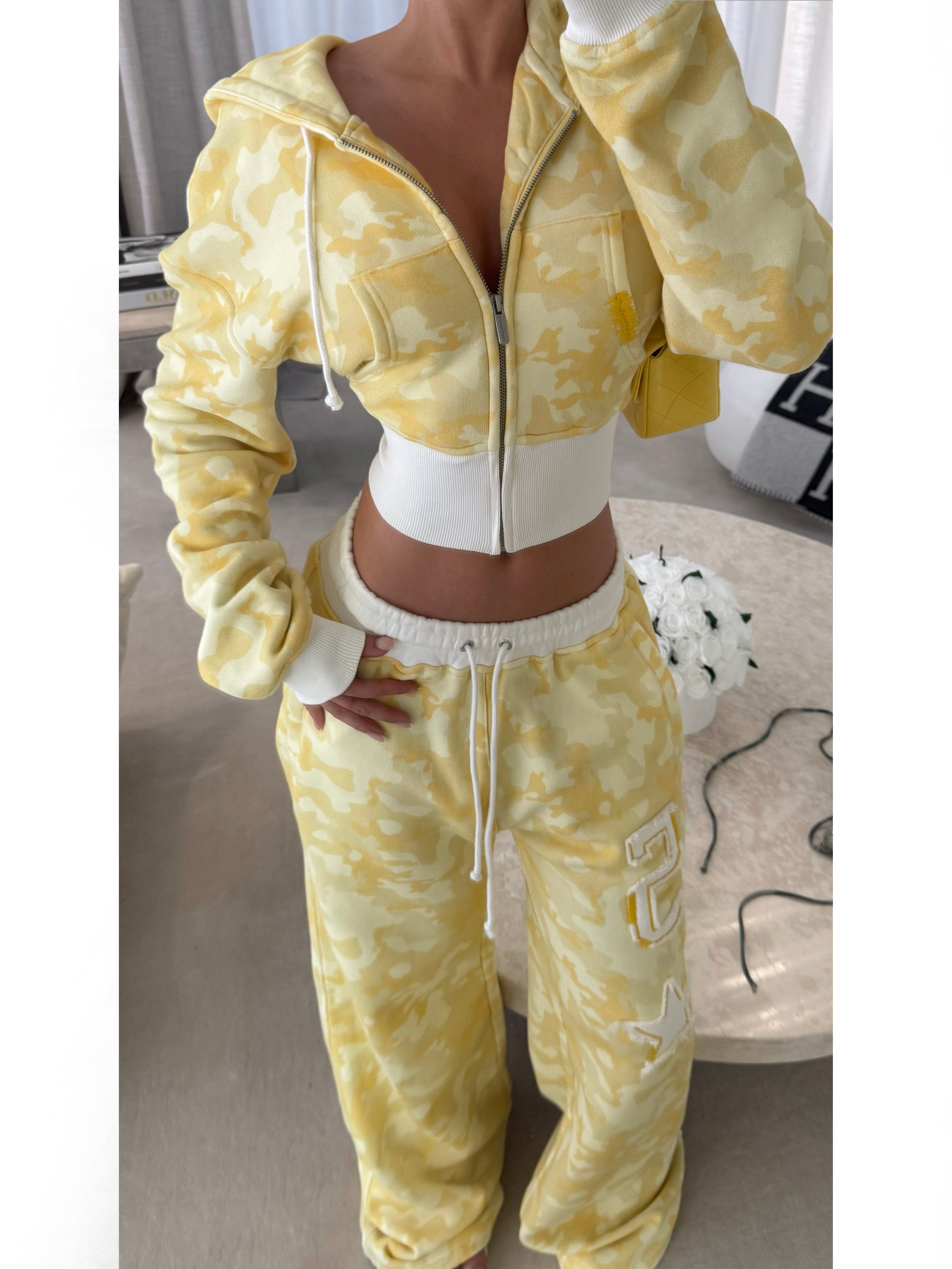 Yellow Camo Baggy Cropped Zip Hoodie