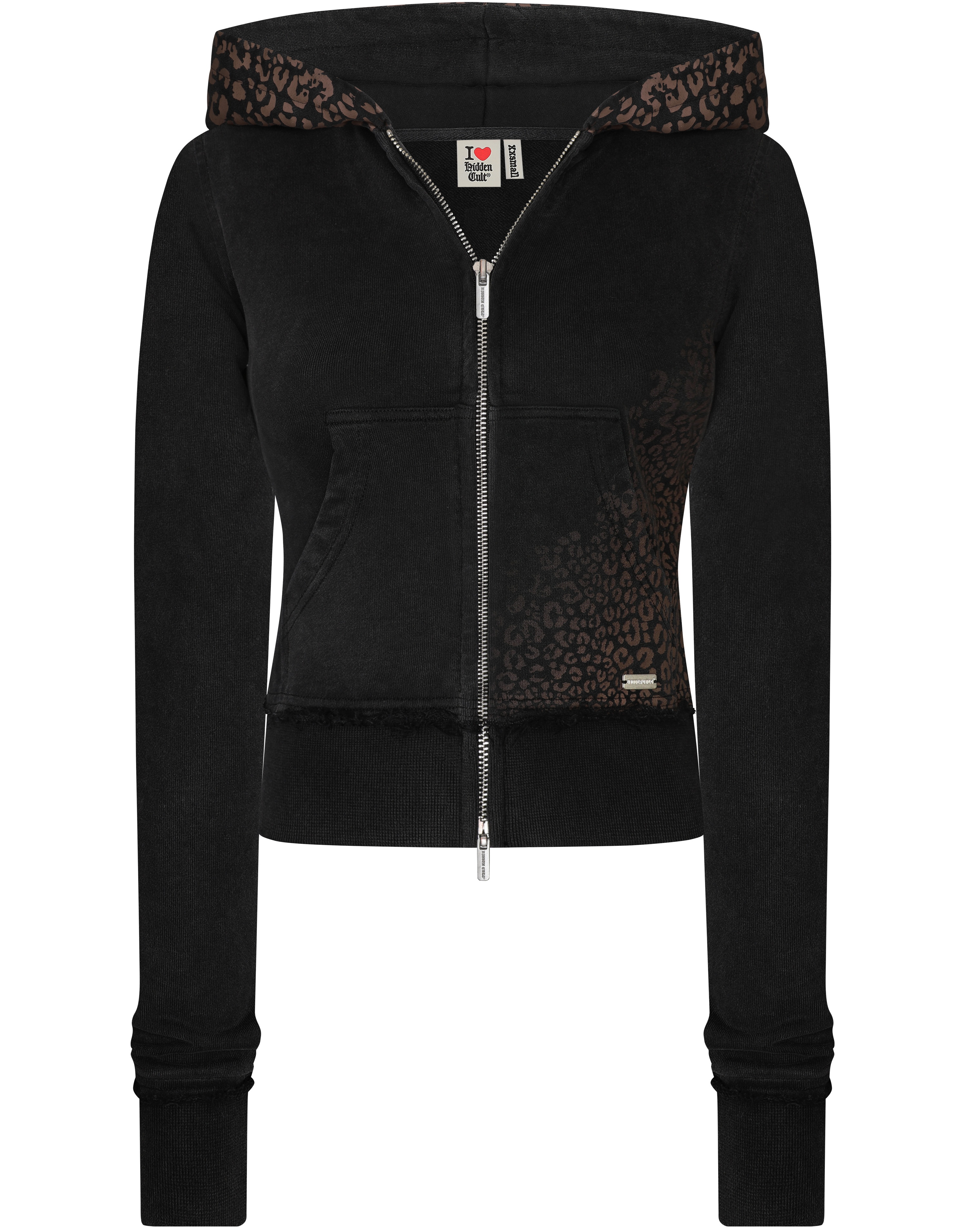 HIDDEN CULT Vintage Black Cheetah Zip Hoodie Distressed Slim fit Form fitted Leopard TikTok