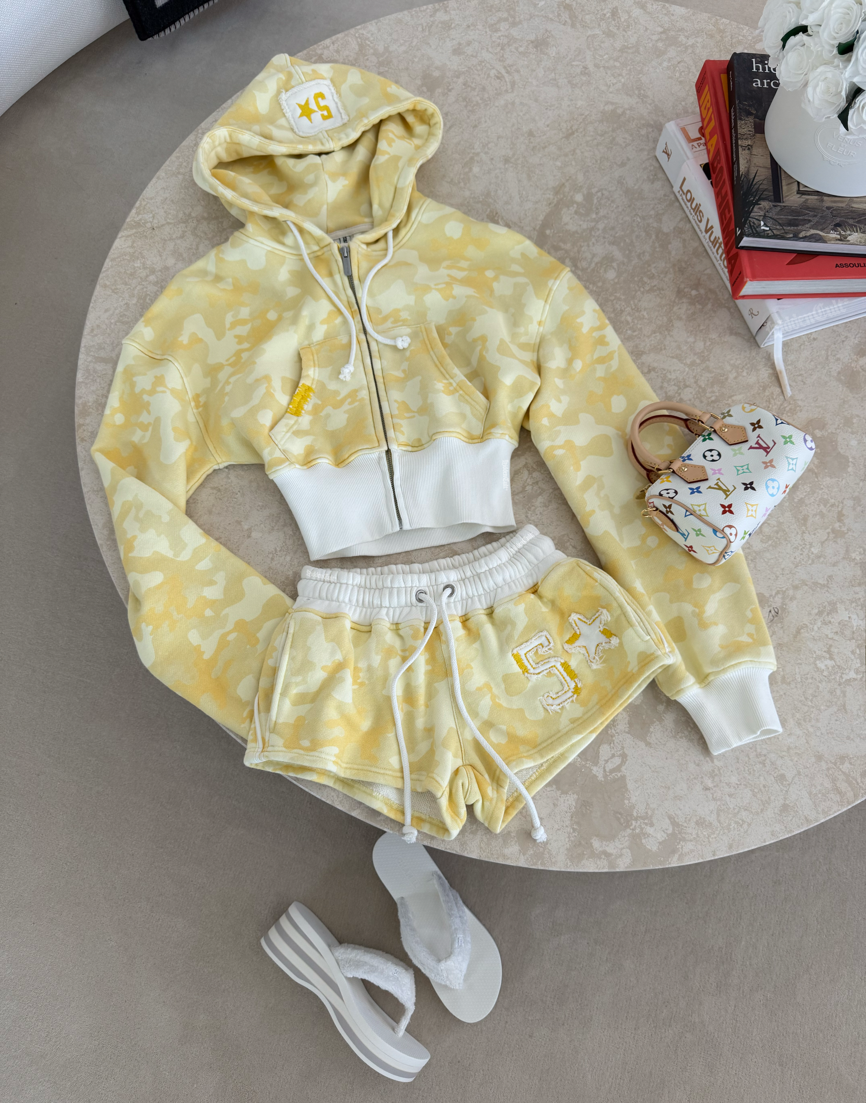Yellow Camo Baggy Cropped Zip Hoodie