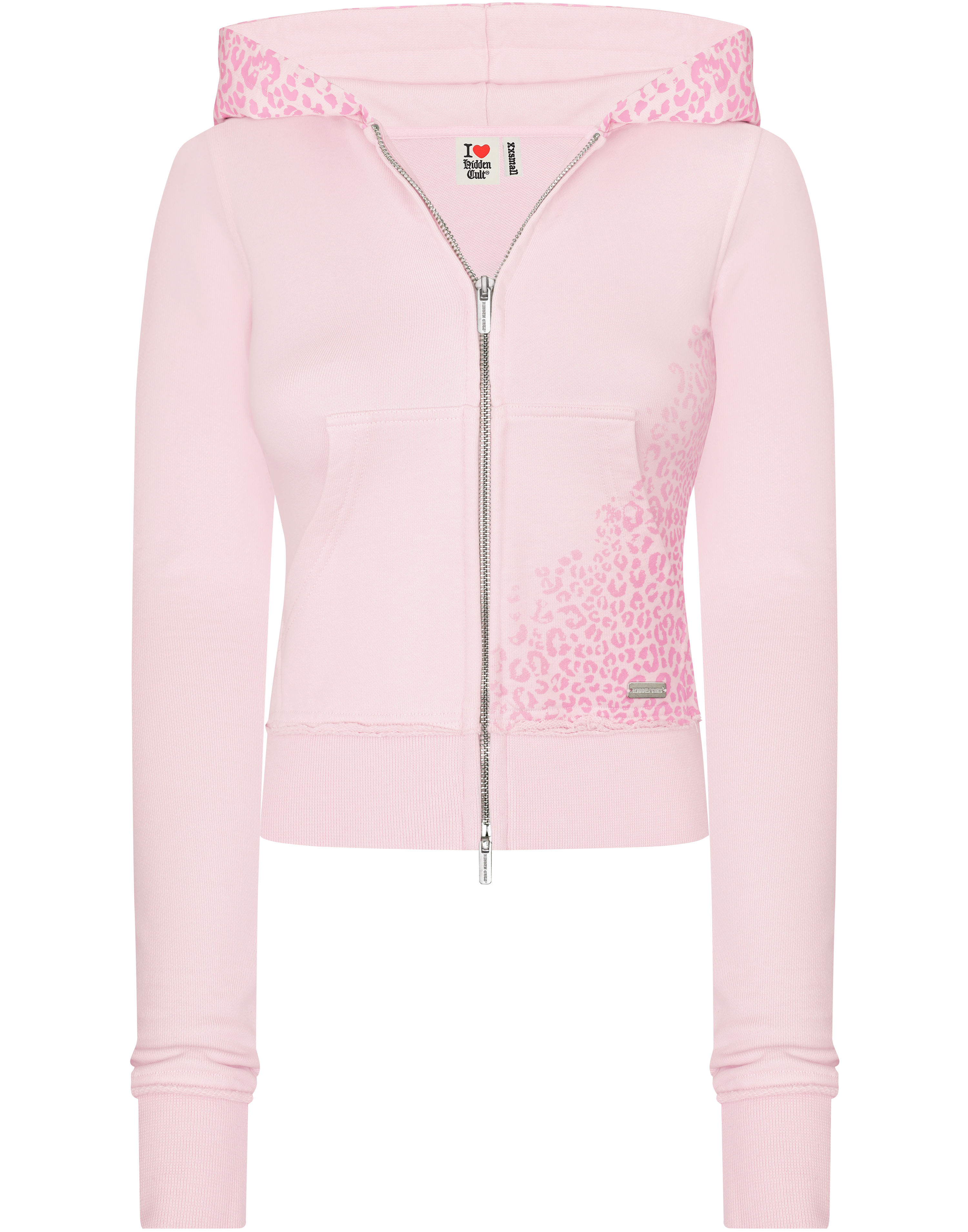HIDDEN CULT Pink Cheetah Zip Hoodie Worn Distressed Womens Slim fit Form fitted Leopard TikTok
