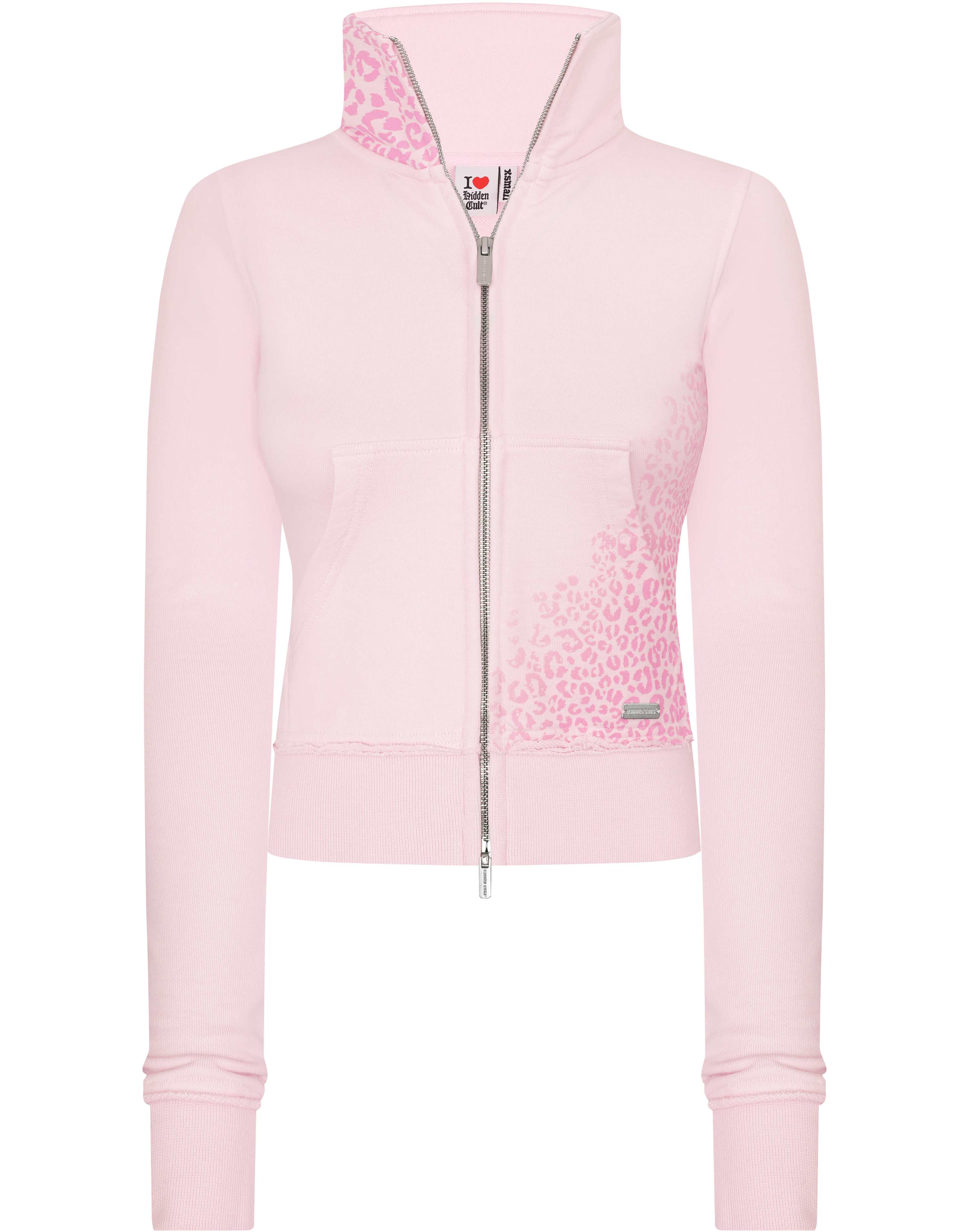 HIDDEN CULT Pink Cheetah Track Jacket Worn Distressed Womens Slim fit Form fitted Sweater TikTok